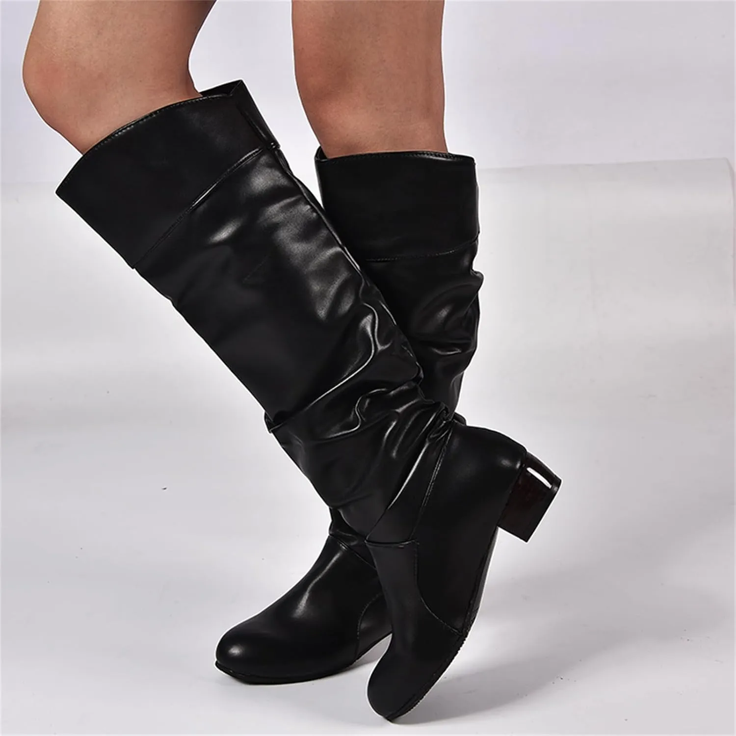 Ladmiple Fall Boots Women Knee High Wide Calf Slouchy Western Cowboy Boots Fashion Pointed Toe Cone Heel Cowgirl Boots