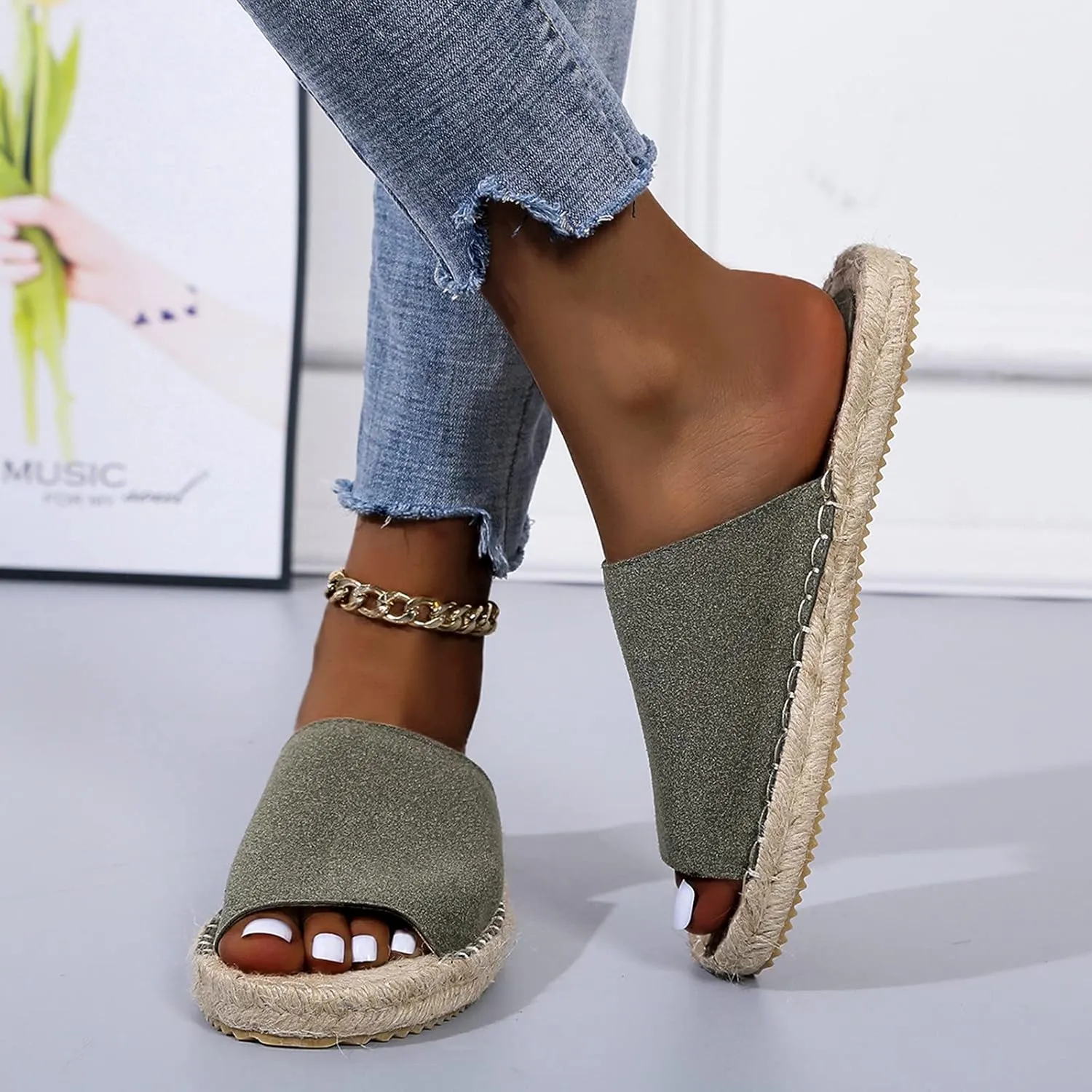Lady Women Espadrilles Flat Slides Casual Summer Breathable Slip On Sandals Open Toe Boho Slippers