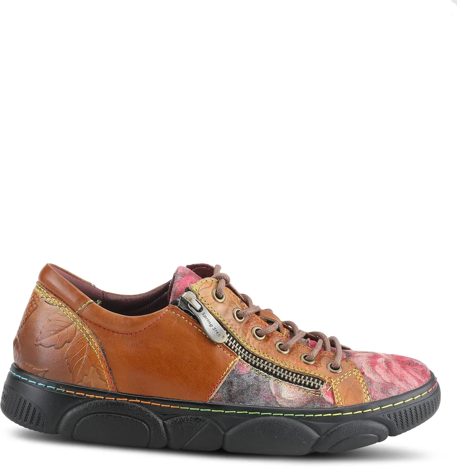 L'Artiste by Spring Step Women's Danli-Bloom Sneaker – Hand-Painted Leather Platform Shoes with Zipper & Lace-Up Closure, Removable Insole, Rainbow Stitching, Comfort Fit