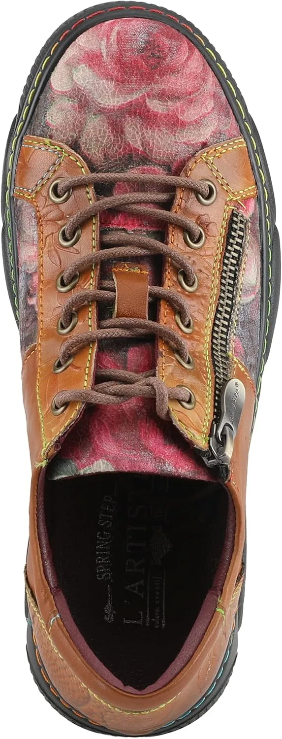 L'Artiste by Spring Step Women's Danli-Bloom Sneaker – Hand-Painted Leather Platform Shoes with Zipper & Lace-Up Closure, Removable Insole, Rainbow Stitching, Comfort Fit