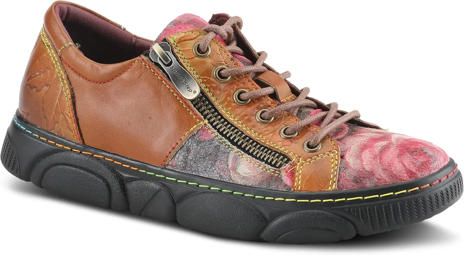 L'Artiste by Spring Step Women's Danli-Bloom Sneaker – Hand-Painted Leather Platform Shoes with Zipper & Lace-Up Closure, Removable Insole, Rainbow Stitching, Comfort Fit