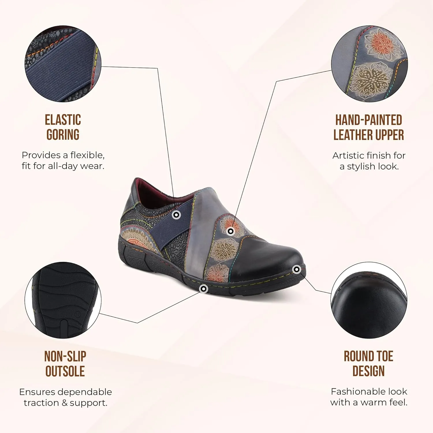 L'Artiste Lata Burnished Slip for Women with Rainbow Stitching | Walking Shoes with Hand Painted Geometric Design and Zipper Closure
