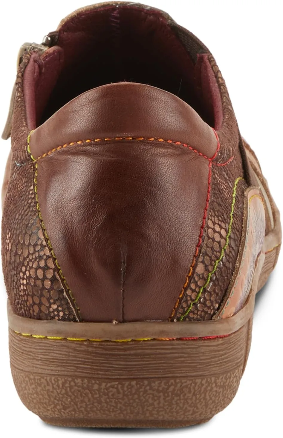 L'Artiste Lata Burnished Slip for Women with Rainbow Stitching | Walking Shoes with Hand Painted Geometric Design and Zipper Closure