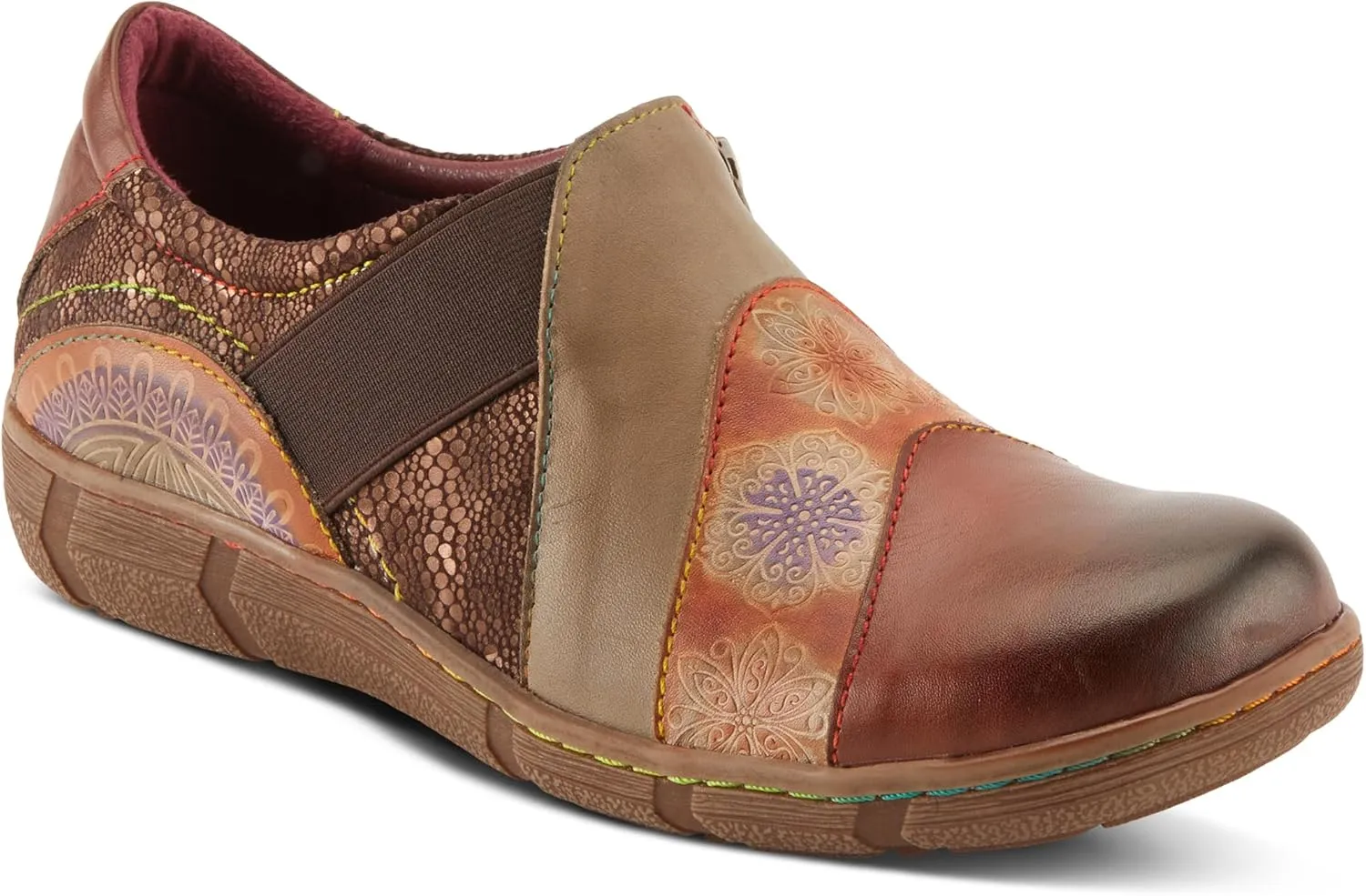 L'Artiste Lata Burnished Slip for Women with Rainbow Stitching | Walking Shoes with Hand Painted Geometric Design and Zipper Closure