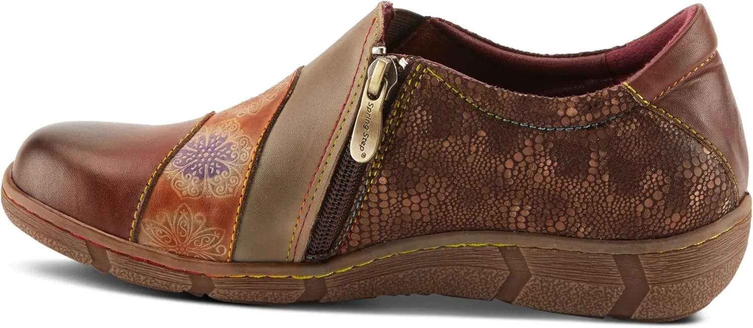 L'Artiste Lata Burnished Slip for Women with Rainbow Stitching | Walking Shoes with Hand Painted Geometric Design and Zipper Closure