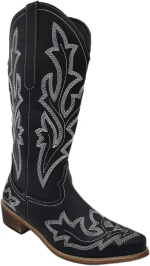 Lausiuoe Cowboy Boots For Women Wide Calf Low Heel Western Cowgirl Boots Knee High Embroidered Fashion Retro Boot Pull-On