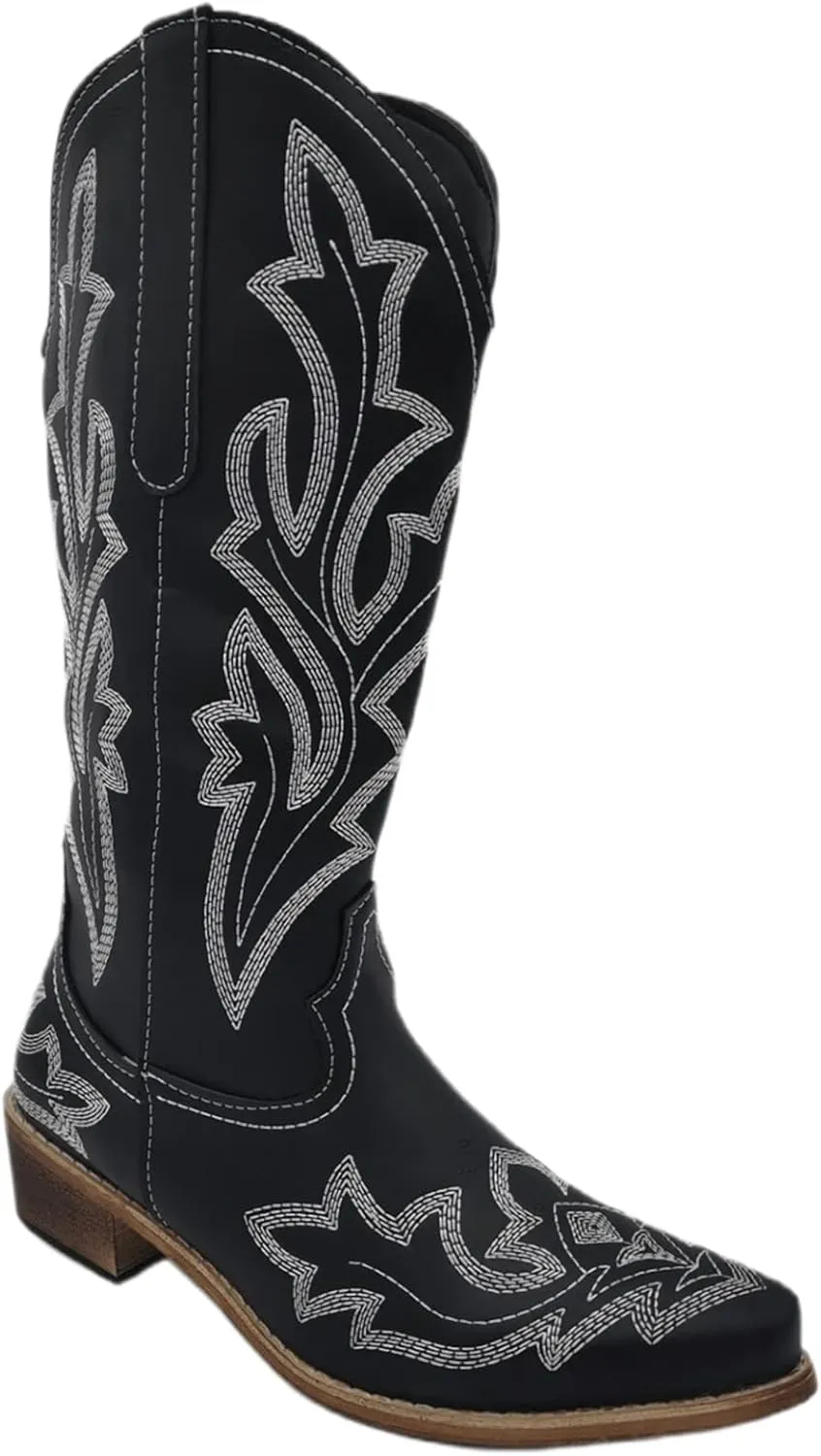 Lausiuoe Cowboy Boots For Women Wide Calf Low Heel Western Cowgirl Boots Knee High Embroidered Fashion Retro Boot Pull-On
