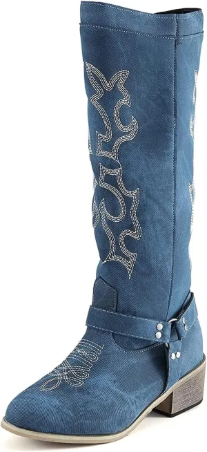 Lausiuoe Knee High Boots Women Wide Calf Chunky Heel Embroidered Modern Western Cowboy Boot Cowgirl Style Boot Pull-On