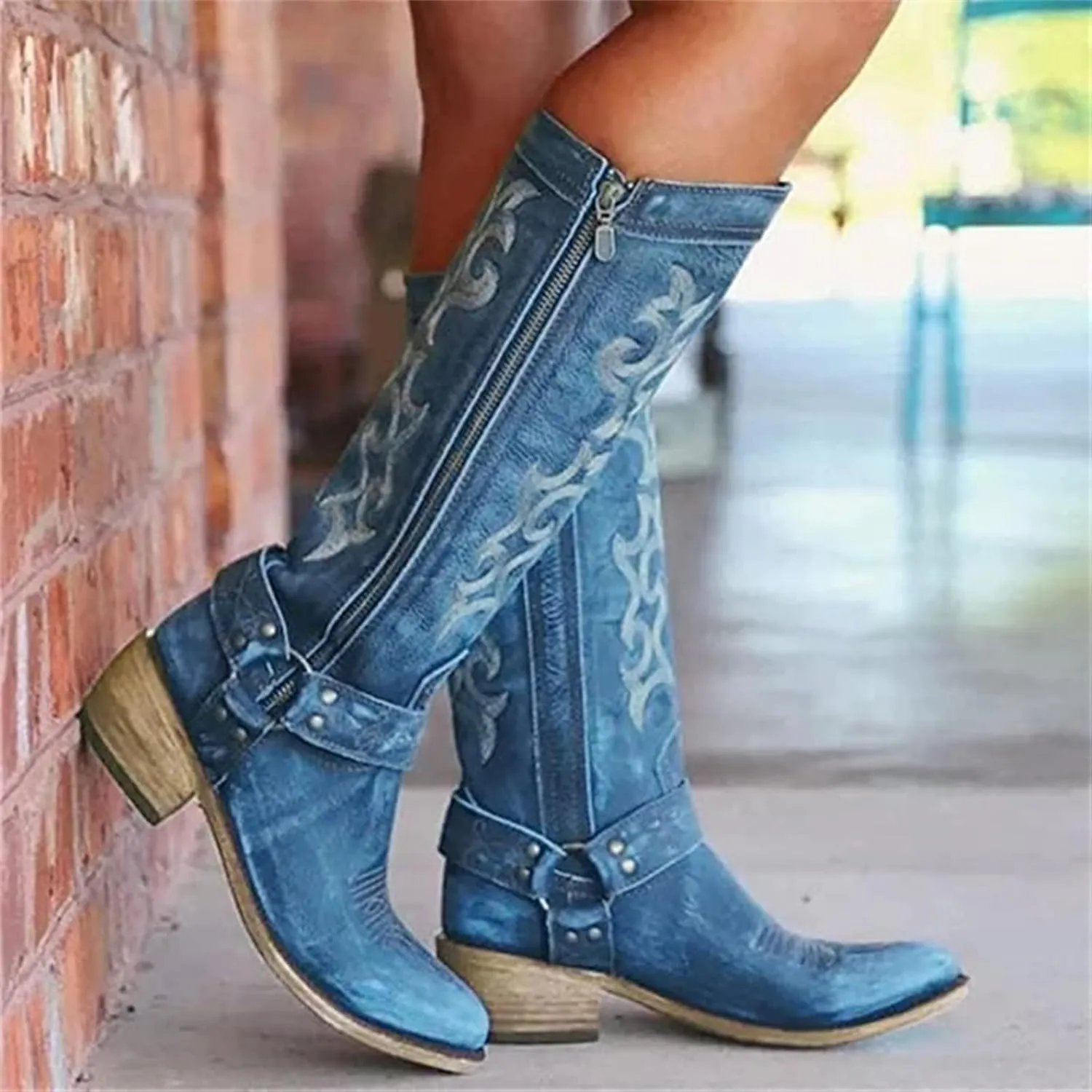 Lausiuoe Knee High Boots Women Wide Calf Chunky Heel Embroidered Modern Western Cowboy Boot Cowgirl Style Boot Pull-On