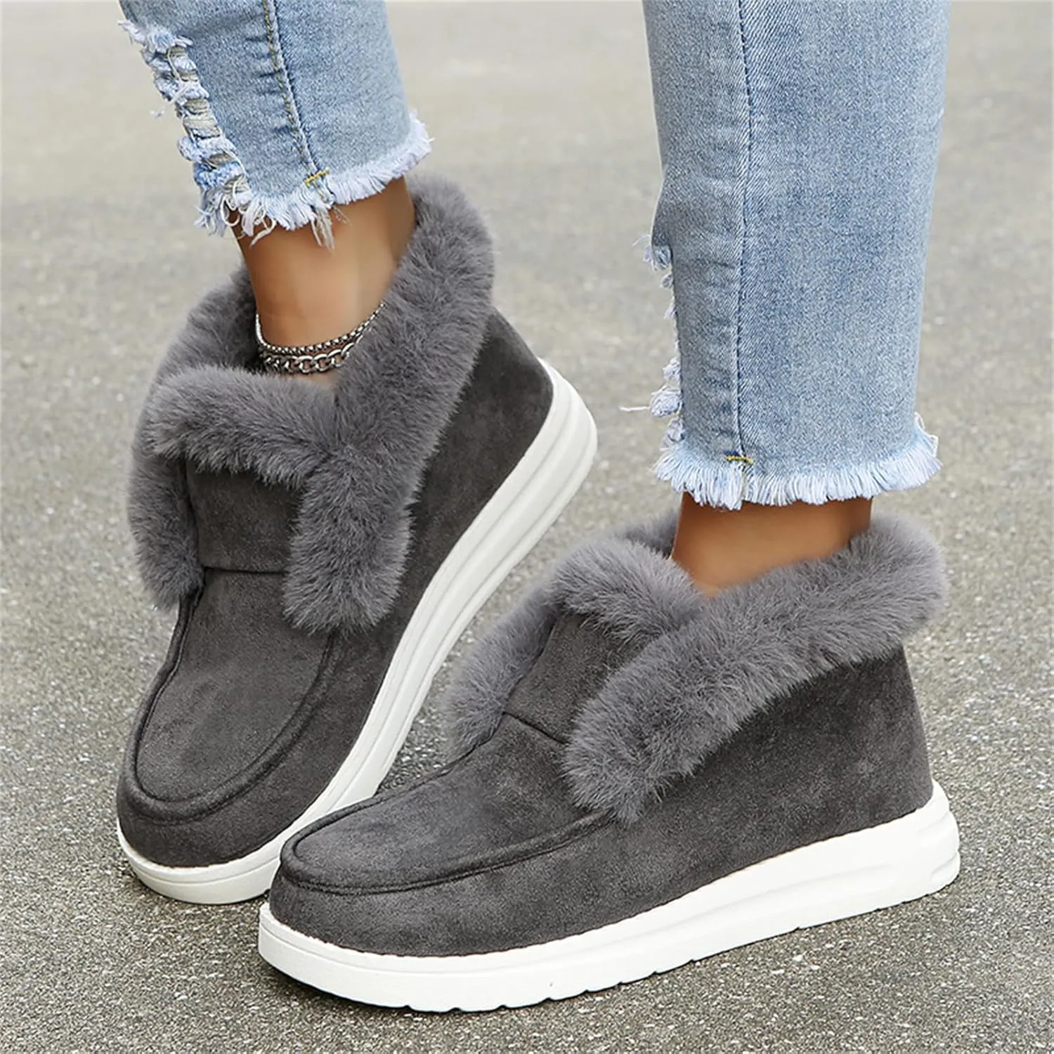 Lausiuoe Womens Winter Boots With Fur Lined Fluffy Fuzzy Slipper Ankle Boots Soft Cozy Fashion Casual Walking Shoes