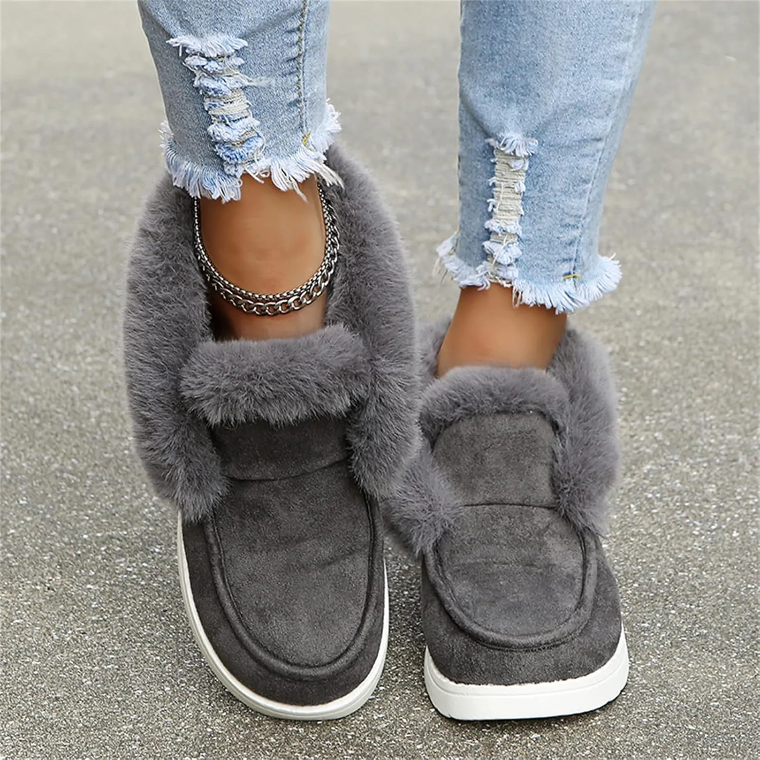 Lausiuoe Womens Winter Boots With Fur Lined Fluffy Fuzzy Slipper Ankle Boots Soft Cozy Fashion Casual Walking Shoes