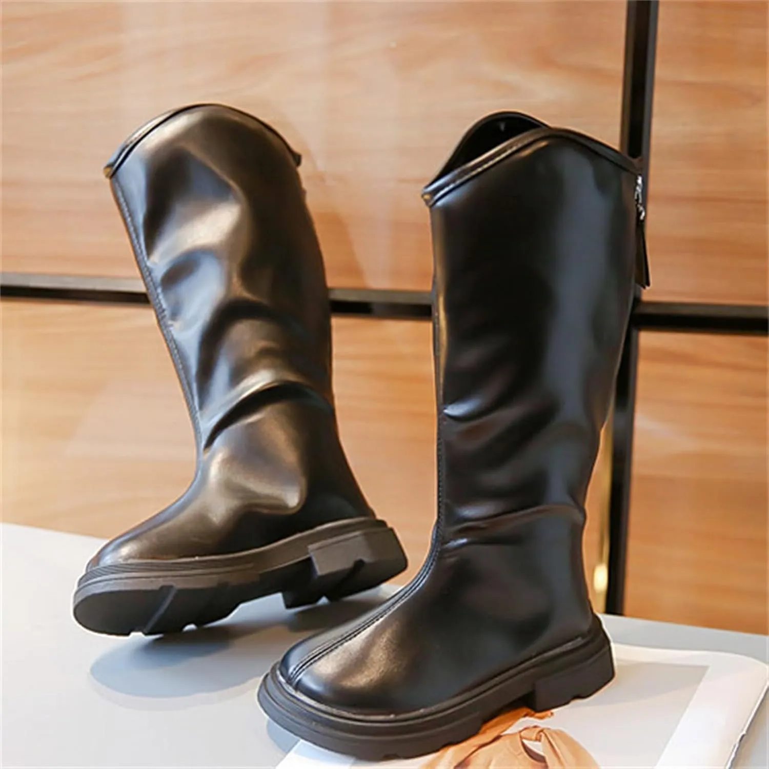 Leather Soft Long Boots For Childrens Boys Girls Kids 𝐖aterproof Sole Non Slip 𝗟ow Heel Shoes Outdoor Comfy Fashion