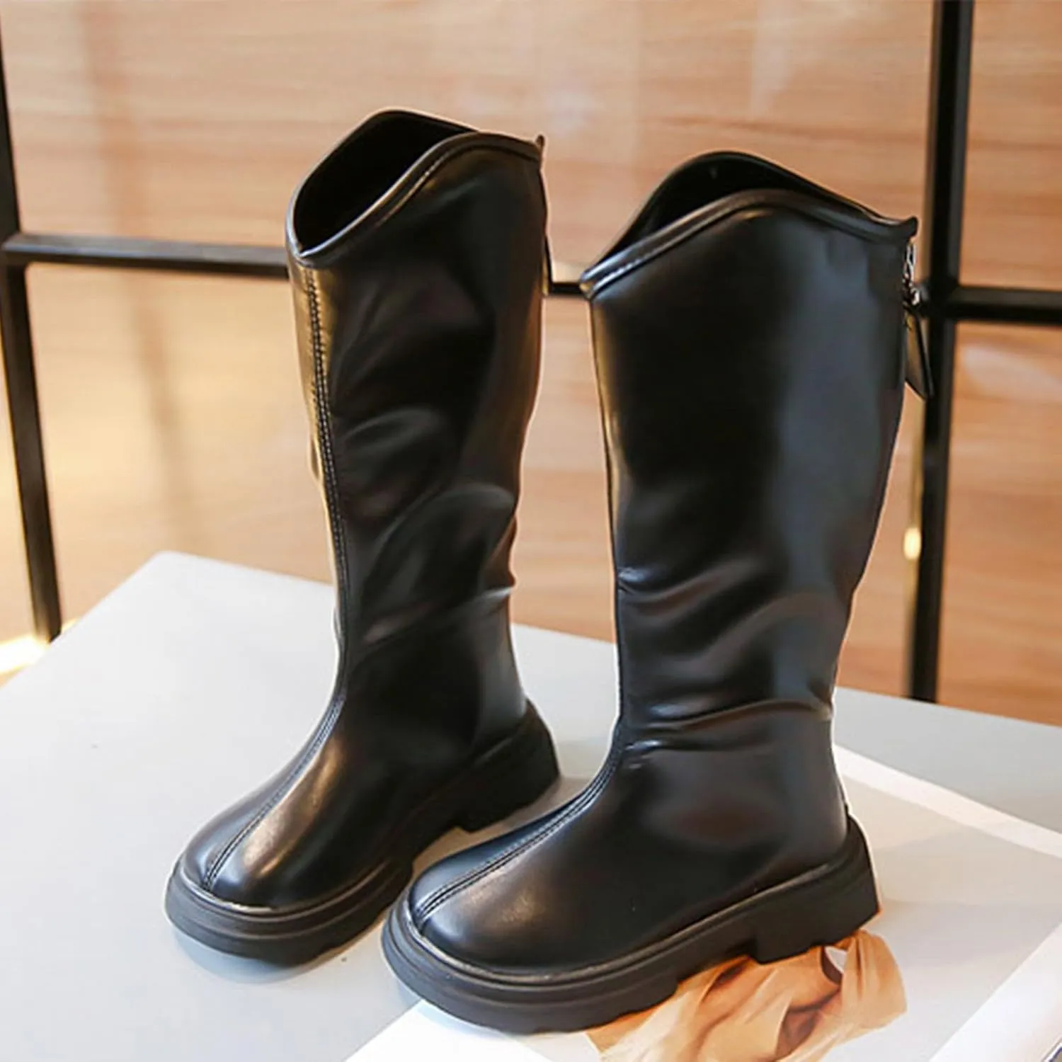 Leather Soft Long Boots For Childrens Boys Girls Kids 𝐖aterproof Sole Non Slip 𝗟ow Heel Shoes Outdoor Comfy Fashion