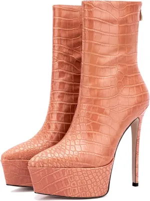 LEHOOR Women Platform Ankle Boots High Heels Pointed Closed Toe Zip Up Crocodile Boots 6 Inch Stiletto Heels Snakeskin Chelsea Booties Zipper Patent Leather Combat Boots Dressy Sexy Elegant 4-11 M US