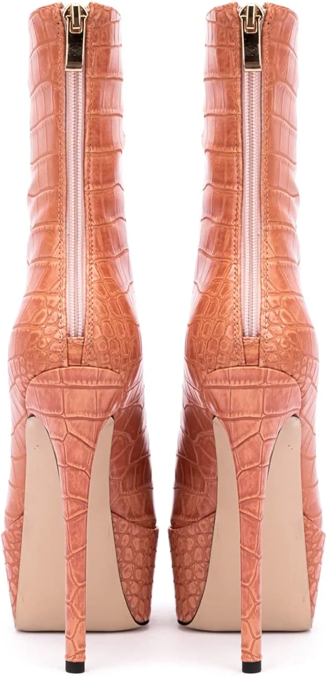 LEHOOR Women Platform Ankle Boots High Heels Pointed Closed Toe Zip Up Crocodile Boots 6 Inch Stiletto Heels Snakeskin Chelsea Booties Zipper Patent Leather Combat Boots Dressy Sexy Elegant 4-11 M US