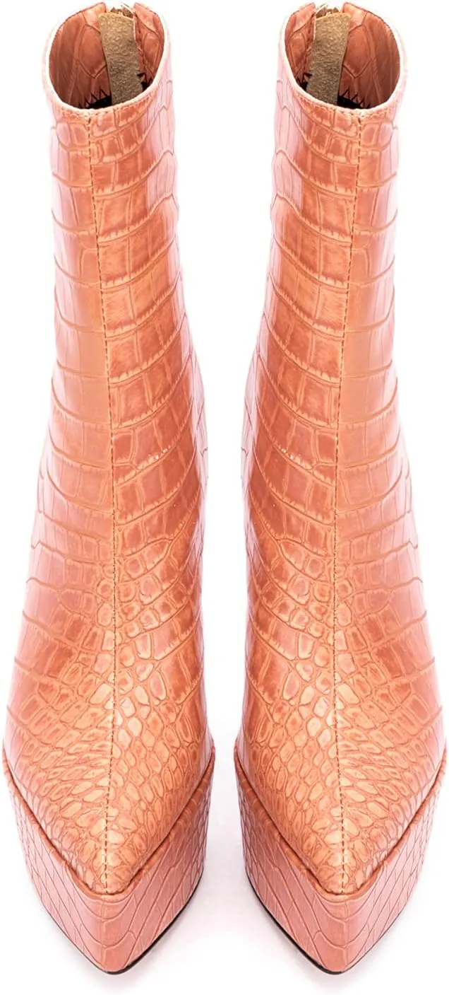 LEHOOR Women Platform Ankle Boots High Heels Pointed Closed Toe Zip Up Crocodile Boots 6 Inch Stiletto Heels Snakeskin Chelsea Booties Zipper Patent Leather Combat Boots Dressy Sexy Elegant 4-11 M US