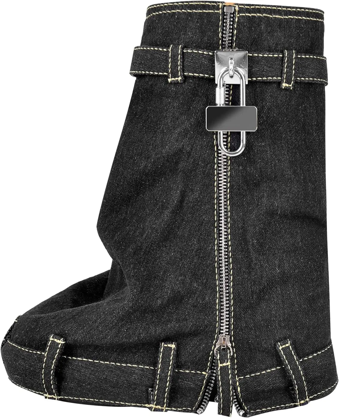 LISHAN Women's Platform Wedge Heels Padlock Denim Short Boots Fold-down Shoes