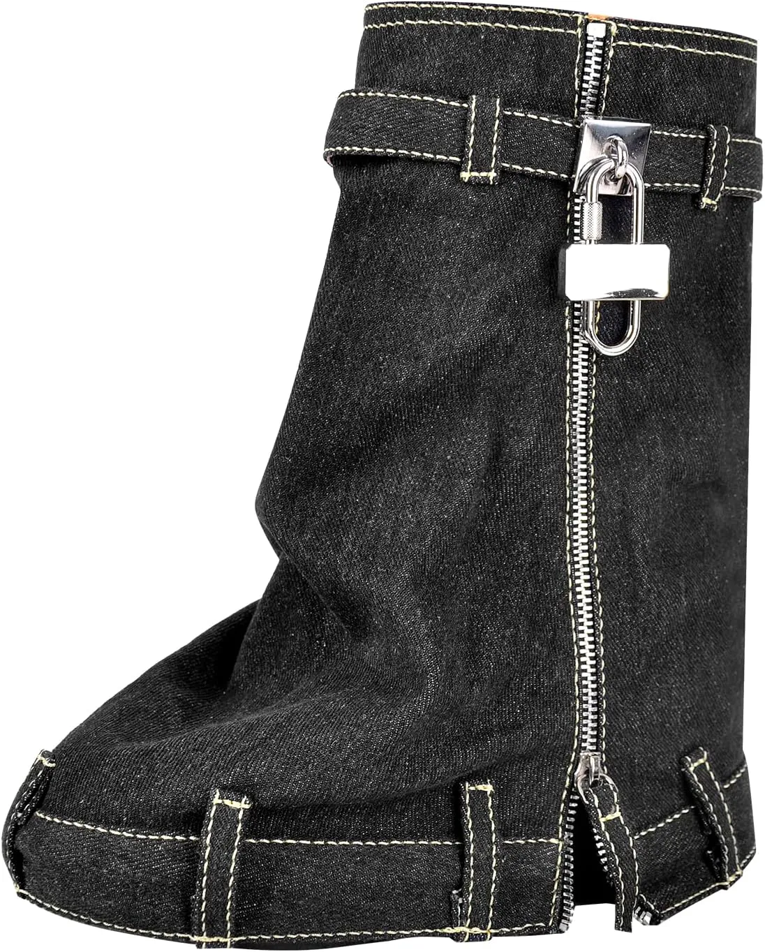 LISHAN Women's Platform Wedge Heels Padlock Denim Short Boots Fold-down Shoes