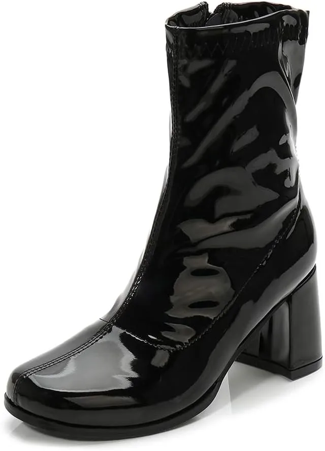 LIURUIJIA Women's Gogo Boots Mid Calf Block Heel Square Toe Zipper Boots Low Heel Short Booties