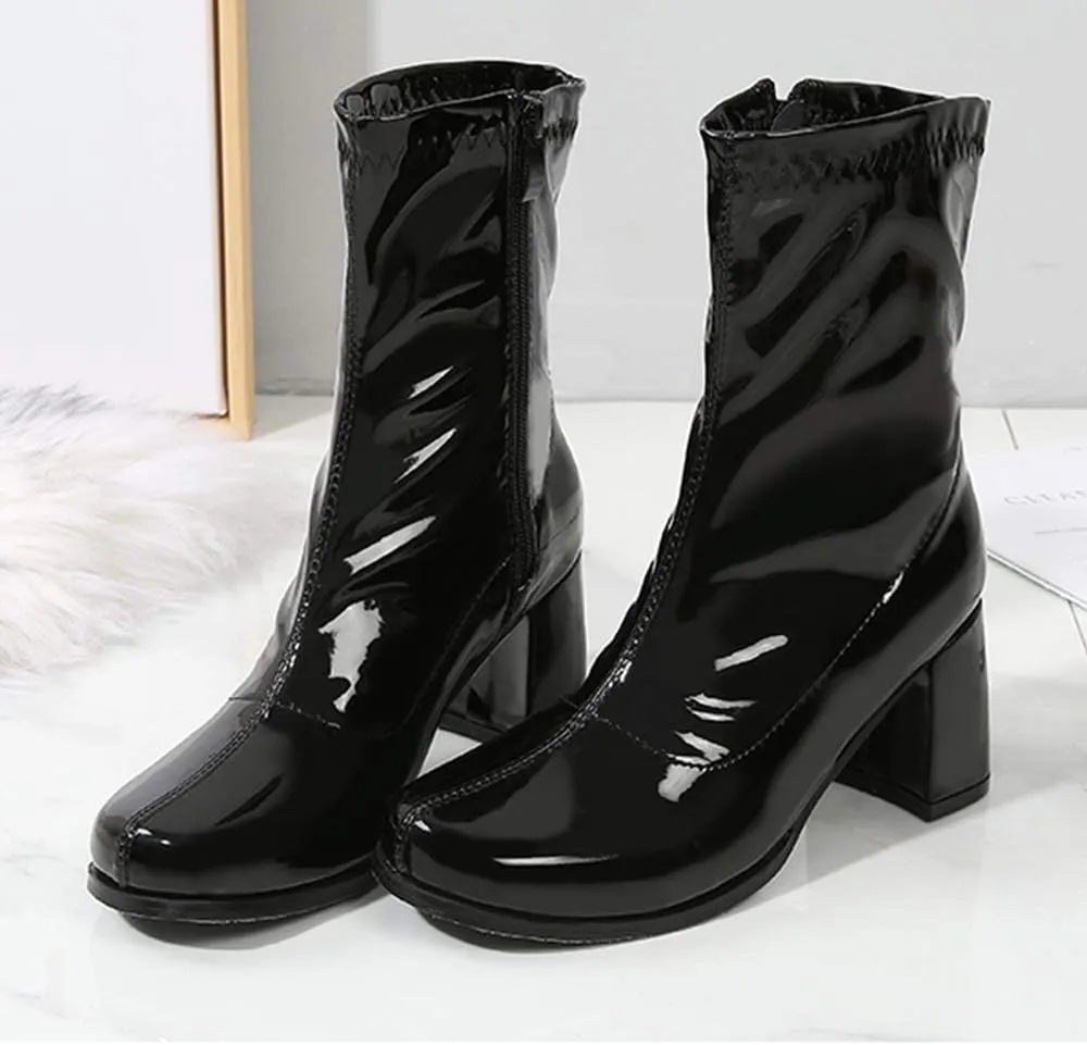 LIURUIJIA Women's Gogo Boots Mid Calf Block Heel Square Toe Zipper Boots Low Heel Short Booties