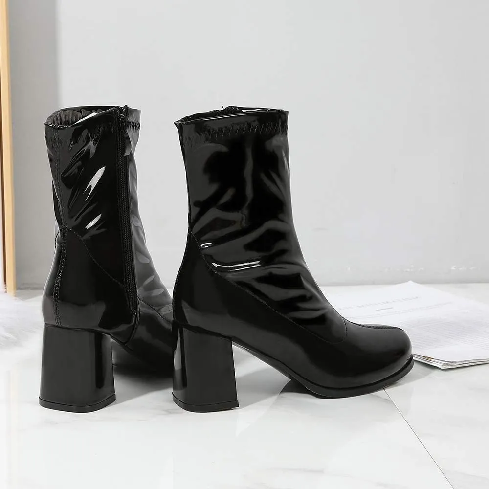 LIURUIJIA Women's Gogo Boots Mid Calf Block Heel Square Toe Zipper Boots Low Heel Short Booties