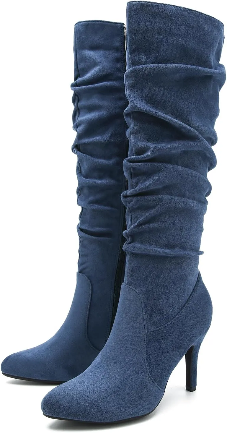 LIURUIJIA Women's Slouchy Knee High Boots Side Zipper Stiletto High Heeled Pointed Toe Fashion Fall Boots