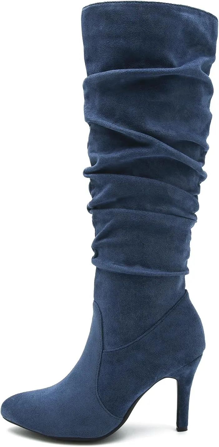 LIURUIJIA Women's Slouchy Knee High Boots Side Zipper Stiletto High Heeled Pointed Toe Fashion Fall Boots