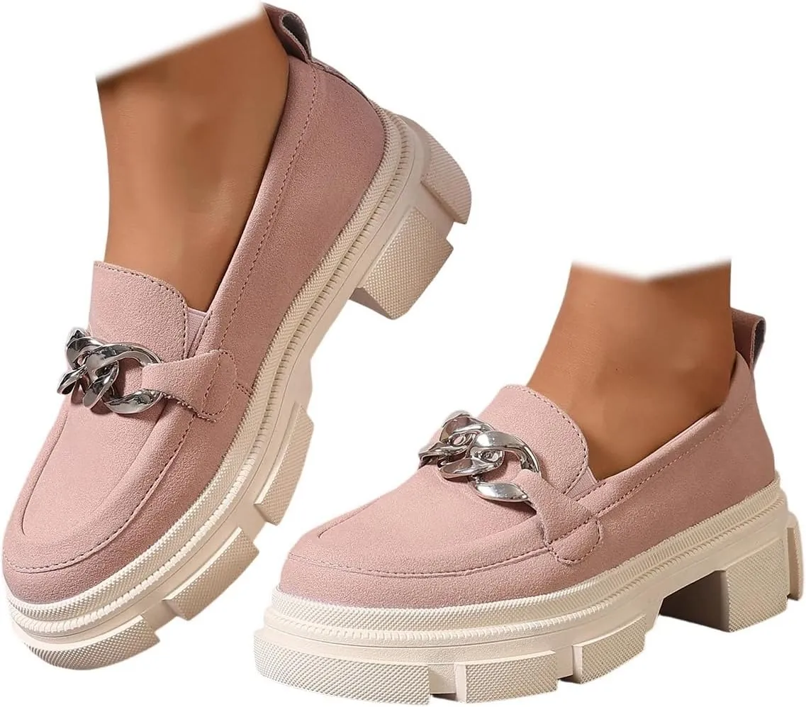 Loafers for Women Chunky Heeled Platform Lug Sole Round Toe Oxfords with Chain Casual Business Work Shoes