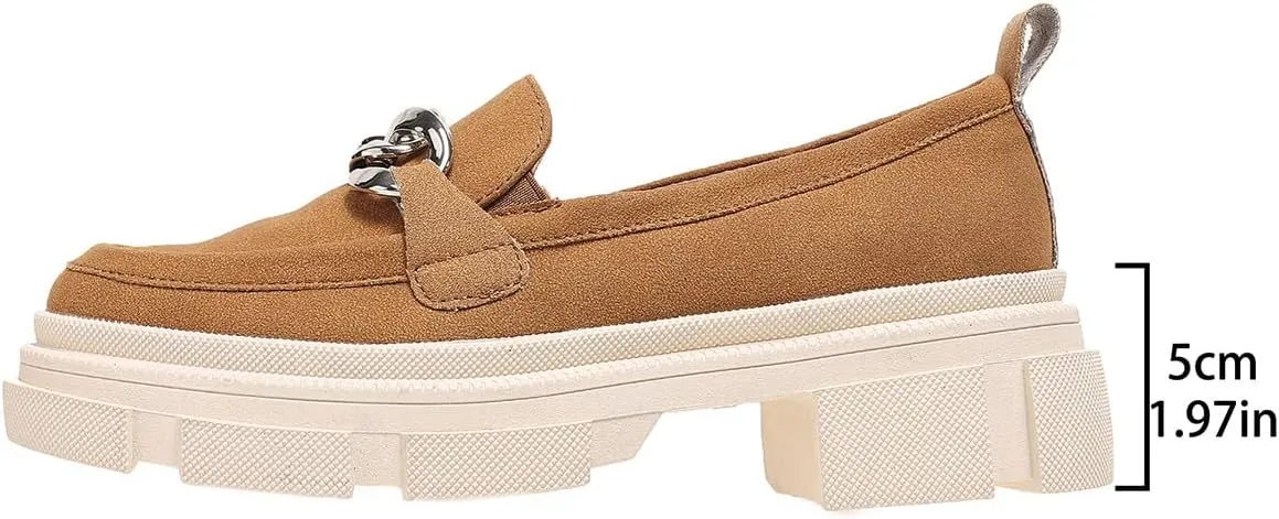 Loafers for Women Chunky Heeled Platform Lug Sole Round Toe Oxfords with Chain Casual Business Work Shoes
