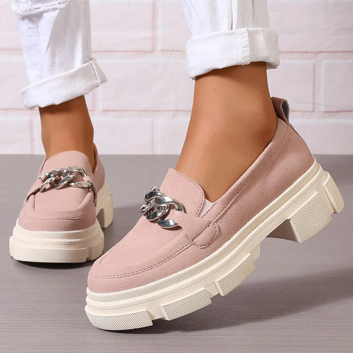 Loafers for Women Chunky Heeled Platform Lug Sole Round Toe Oxfords with Chain Casual Business Work Shoes