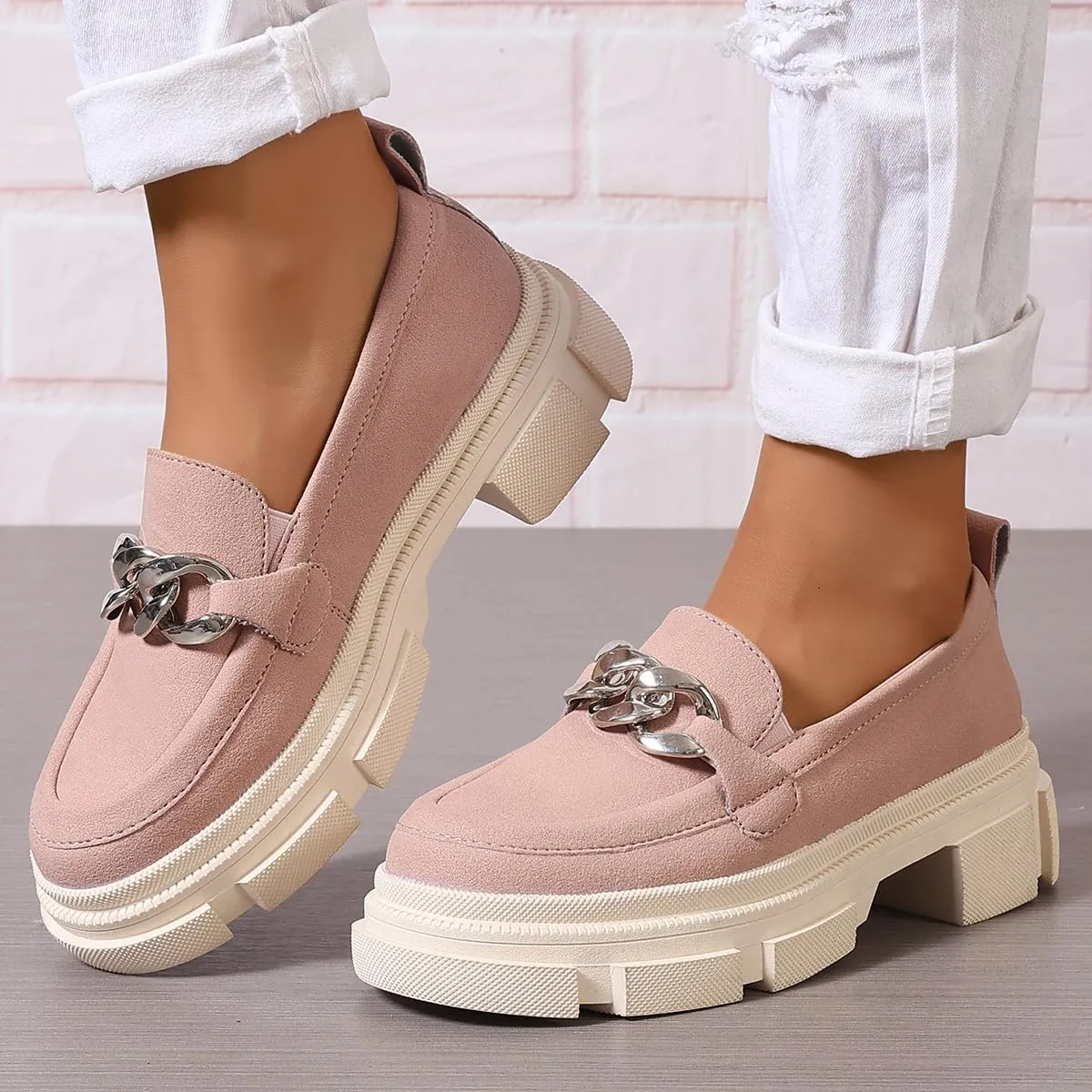Loafers for Women Chunky Heeled Platform Lug Sole Round Toe Oxfords with Chain Casual Business Work Shoes