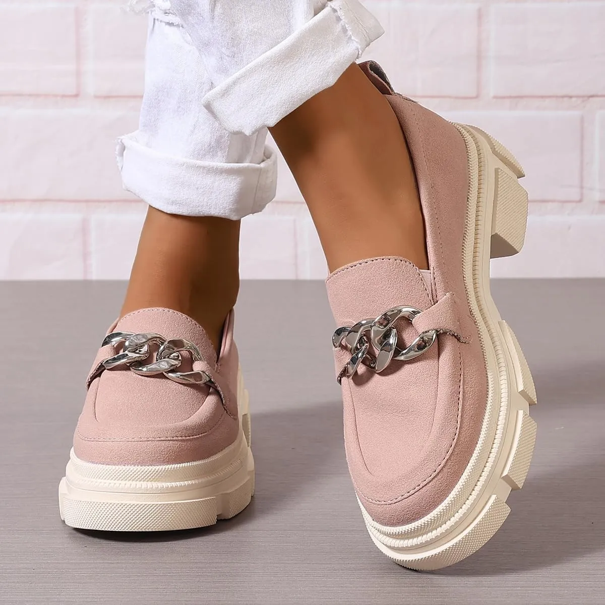 Loafers for Women Chunky Heeled Platform Lug Sole Round Toe Oxfords with Chain Casual Business Work Shoes