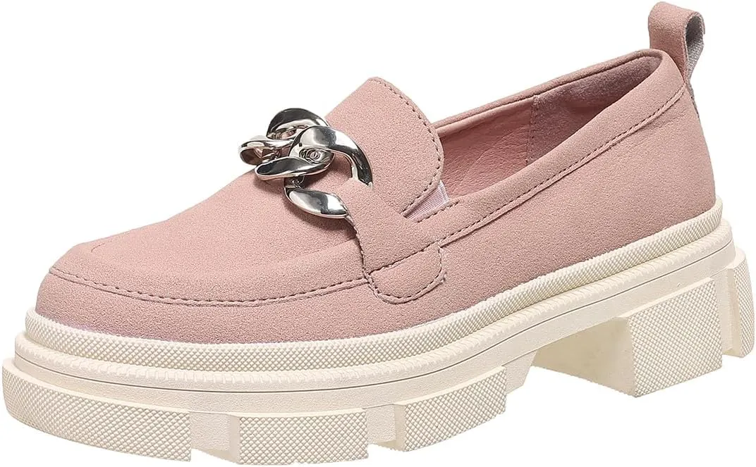 Loafers for Women Chunky Heeled Platform Lug Sole Round Toe Oxfords with Chain Casual Business Work Shoes