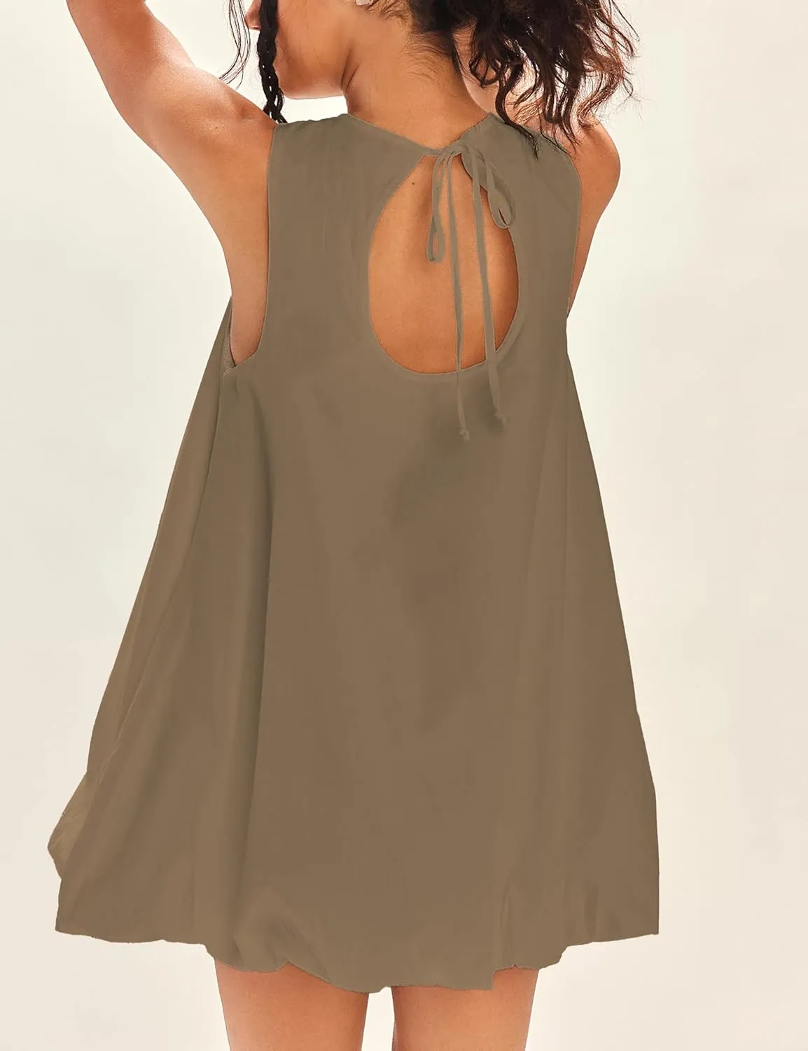 LTSCNRM 2025 New Womens Summer Bubble Hem Sundress Sleeveless Keyhole Tie Back Mini Dress Pockets