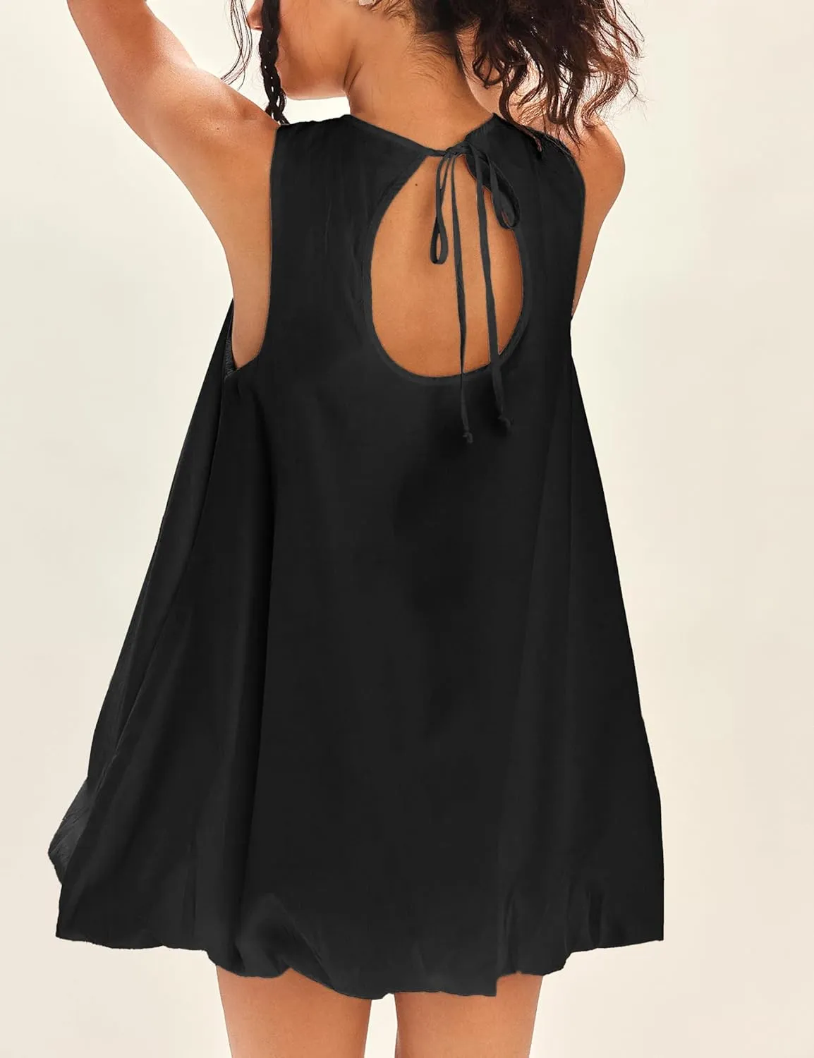 LTSCNRM 2025 New Womens Summer Bubble Hem Sundress Sleeveless Keyhole Tie Back Mini Dress Pockets