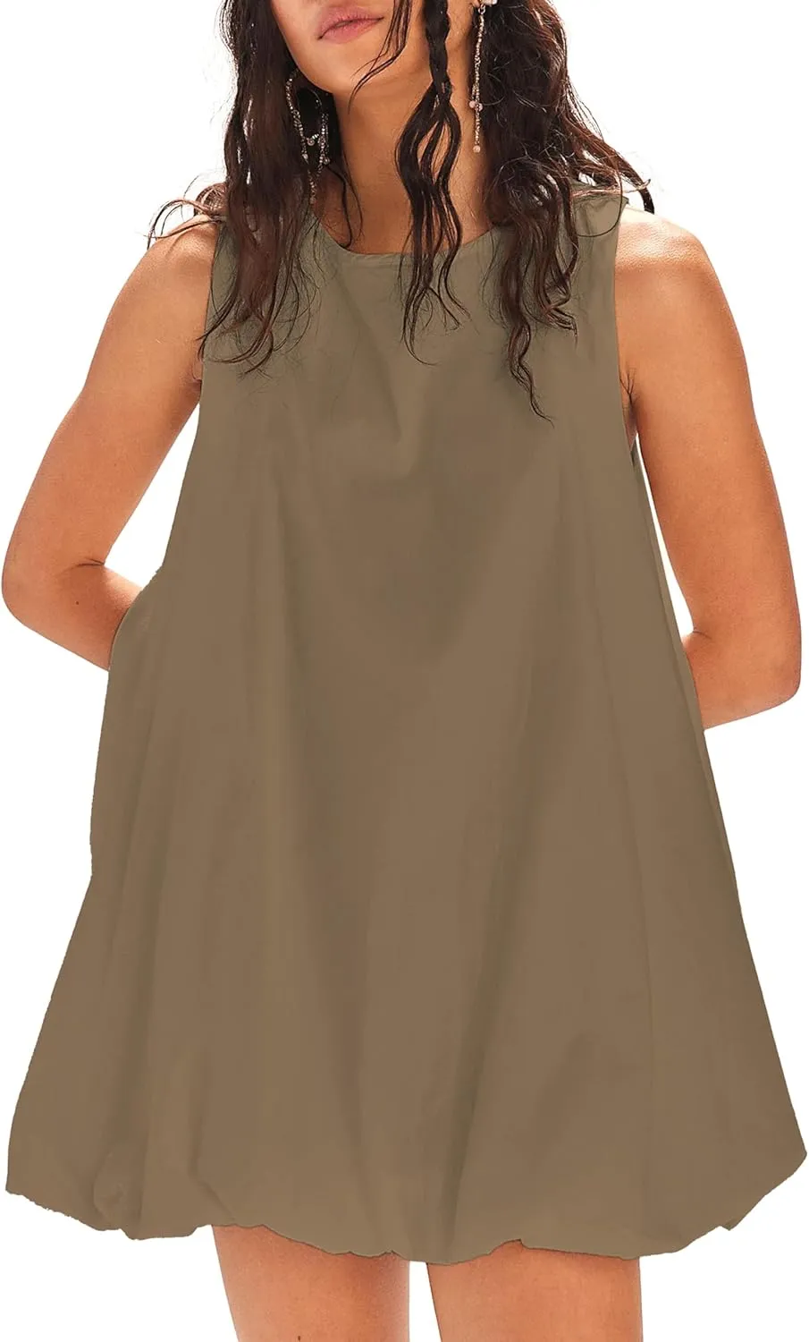 LTSCNRM 2025 New Womens Summer Bubble Hem Sundress Sleeveless Keyhole Tie Back Mini Dress Pockets