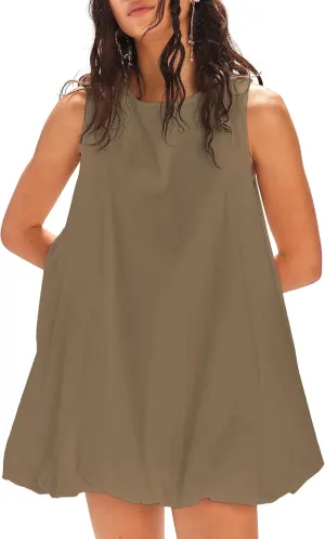 LTSCNRM 2025 New Womens Summer Bubble Hem Sundress Sleeveless Keyhole Tie Back Mini Dress Pockets