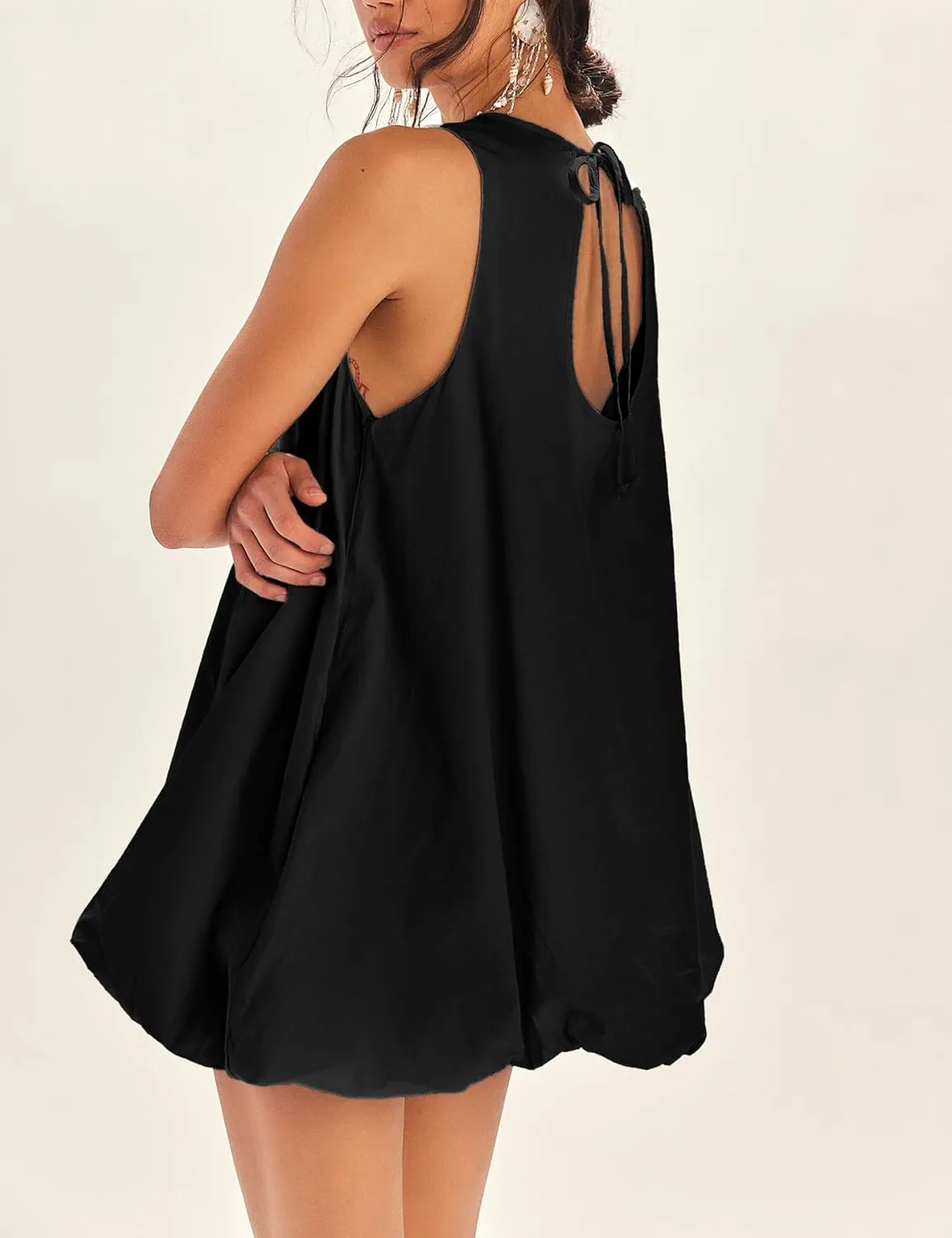 LTSCNRM 2025 New Womens Summer Bubble Hem Sundress Sleeveless Keyhole Tie Back Mini Dress Pockets