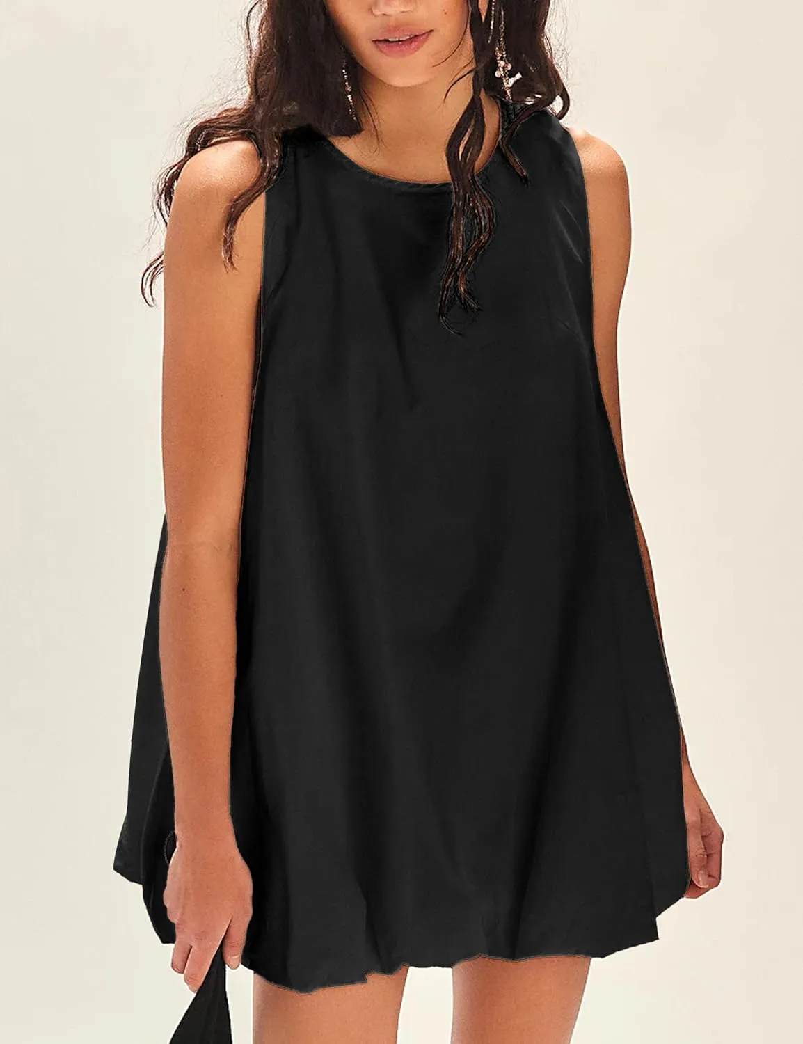 LTSCNRM 2025 New Womens Summer Bubble Hem Sundress Sleeveless Keyhole Tie Back Mini Dress Pockets