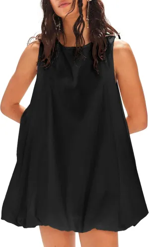 LTSCNRM 2025 New Womens Summer Bubble Hem Sundress Sleeveless Keyhole Tie Back Mini Dress Pockets