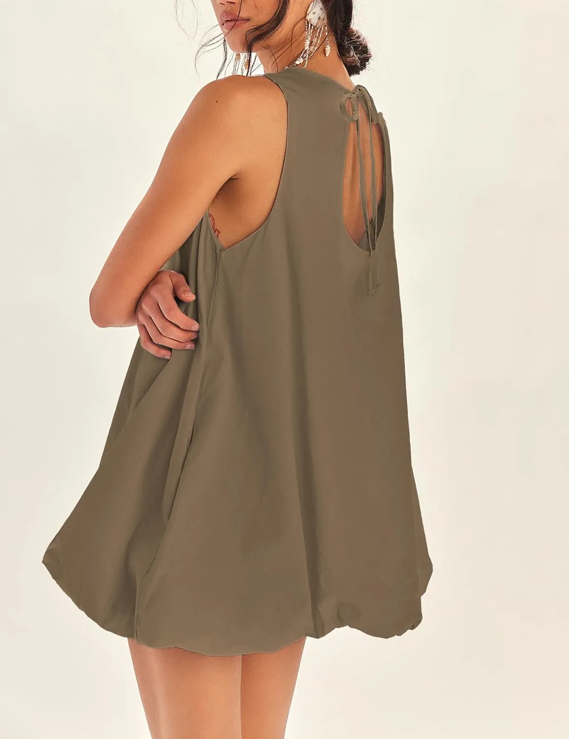 LTSCNRM 2025 New Womens Summer Bubble Hem Sundress Sleeveless Keyhole Tie Back Mini Dress Pockets