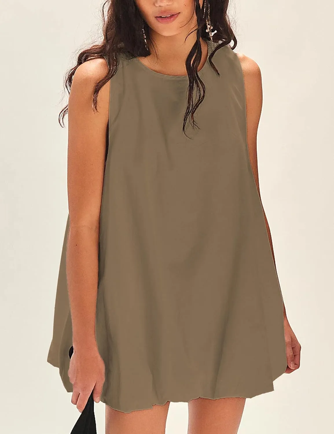 LTSCNRM 2025 New Womens Summer Bubble Hem Sundress Sleeveless Keyhole Tie Back Mini Dress Pockets