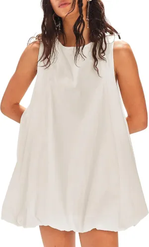 LTSCNRM 2025 New Womens Summer Bubble Hem Sundress Sleeveless Keyhole Tie Back Mini Dress Pockets
