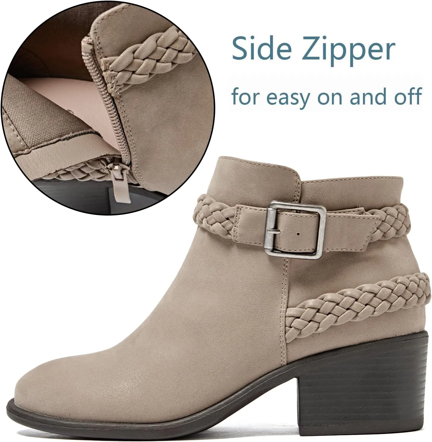 Luoika Women's Wide Width Ankle Boots - Black Brown Short Boots Block Low Heel Side Zipper Booties.