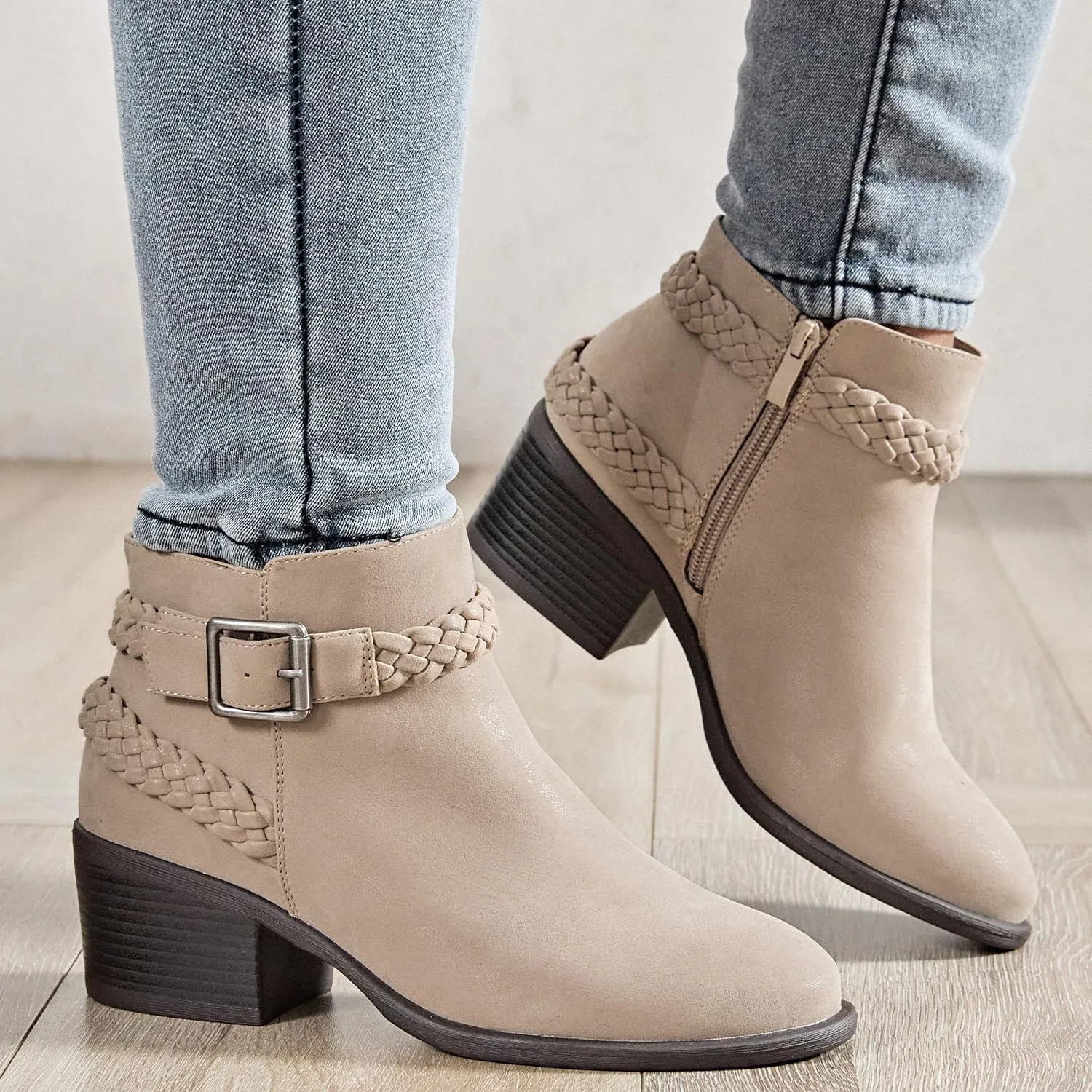Luoika Women's Wide Width Ankle Boots - Black Brown Short Boots Block Low Heel Side Zipper Booties.