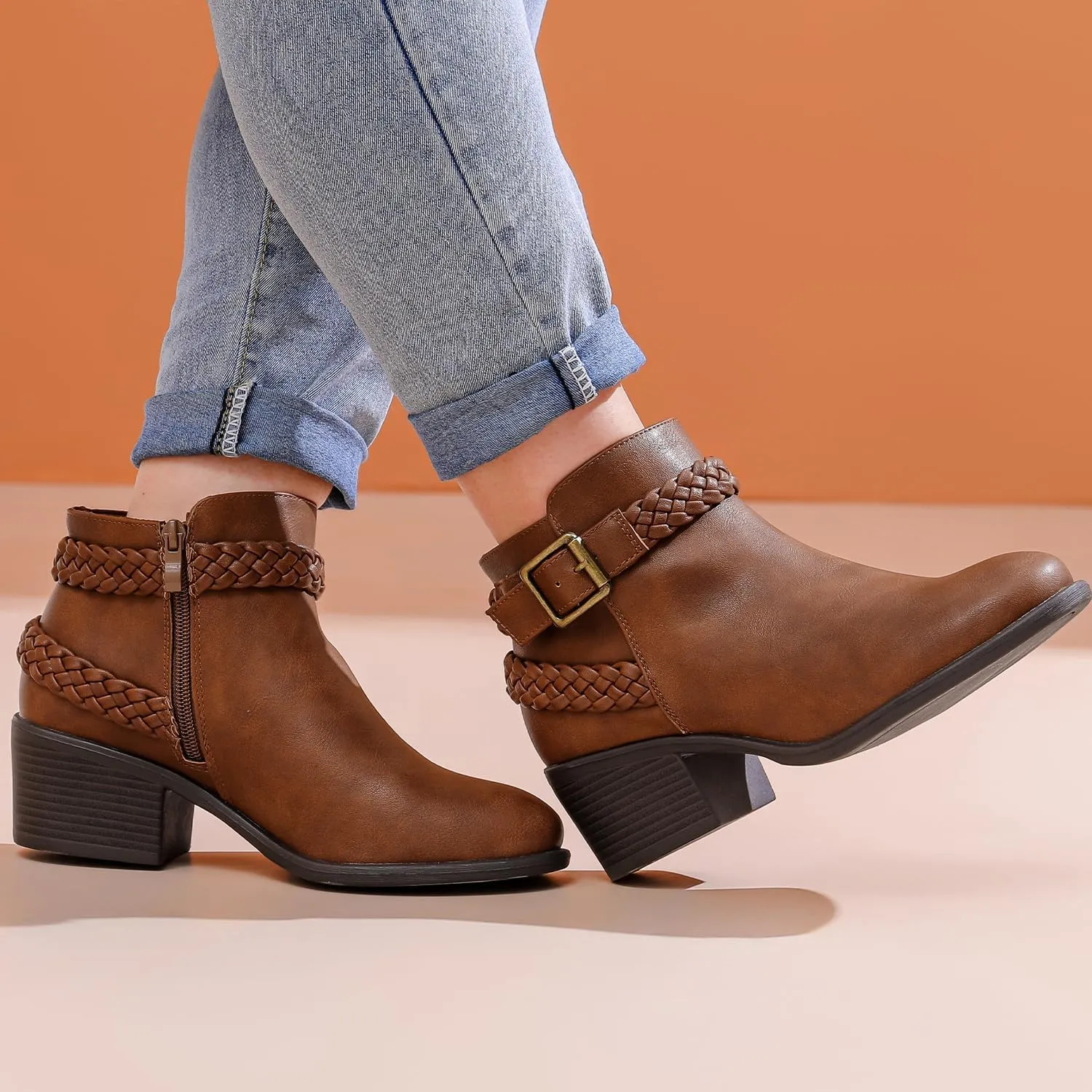 Luoika Women's Wide Width Ankle Boots - Black Brown Short Boots Block Low Heel Side Zipper Booties.