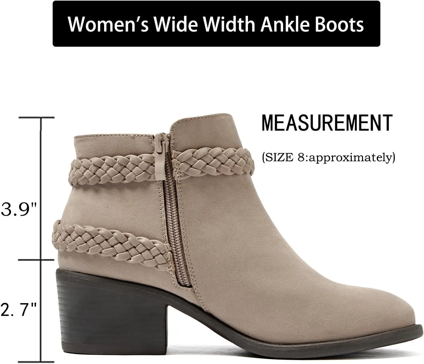 Luoika Women's Wide Width Ankle Boots - Black Brown Short Boots Block Low Heel Side Zipper Booties.