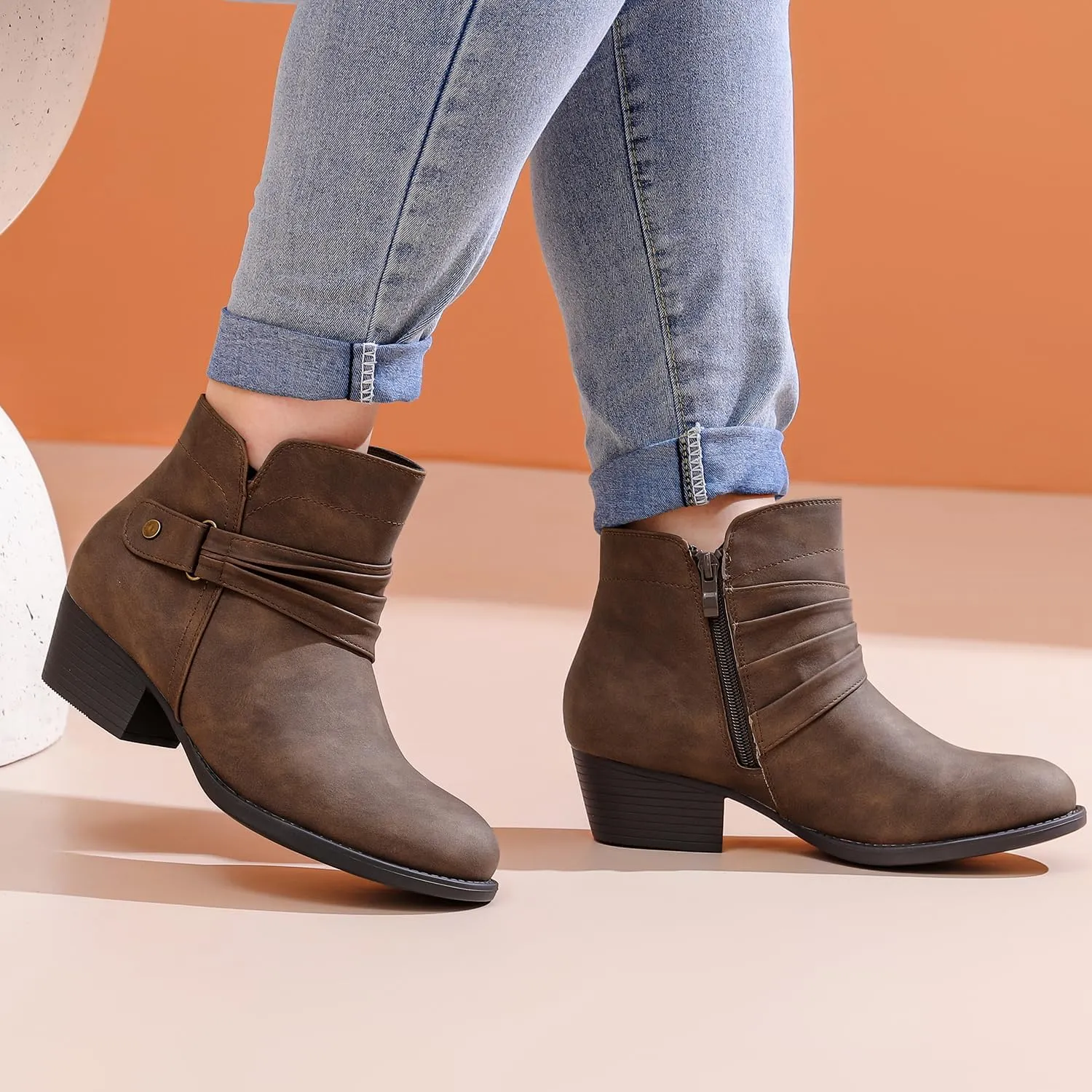 Luoika Women's Wide Width Ankle Boots - Black Brown Short Boots Block Low Heel Side Zipper Booties.