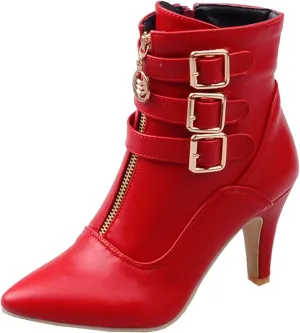 LUXMAX Kitten Heel Ankle Boots for Women Buckle Ankle Boots Strappy Pointed Toe Booties High Heels Short Boots