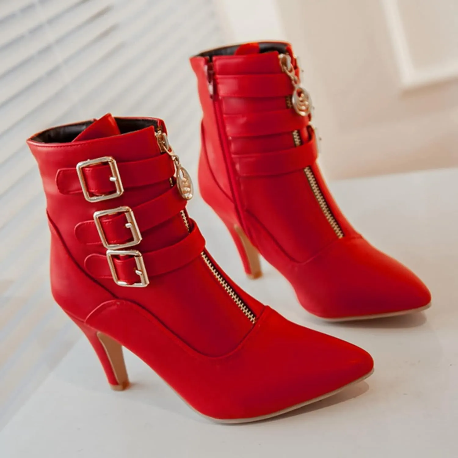 LUXMAX Kitten Heel Ankle Boots for Women Buckle Ankle Boots Strappy Pointed Toe Booties High Heels Short Boots